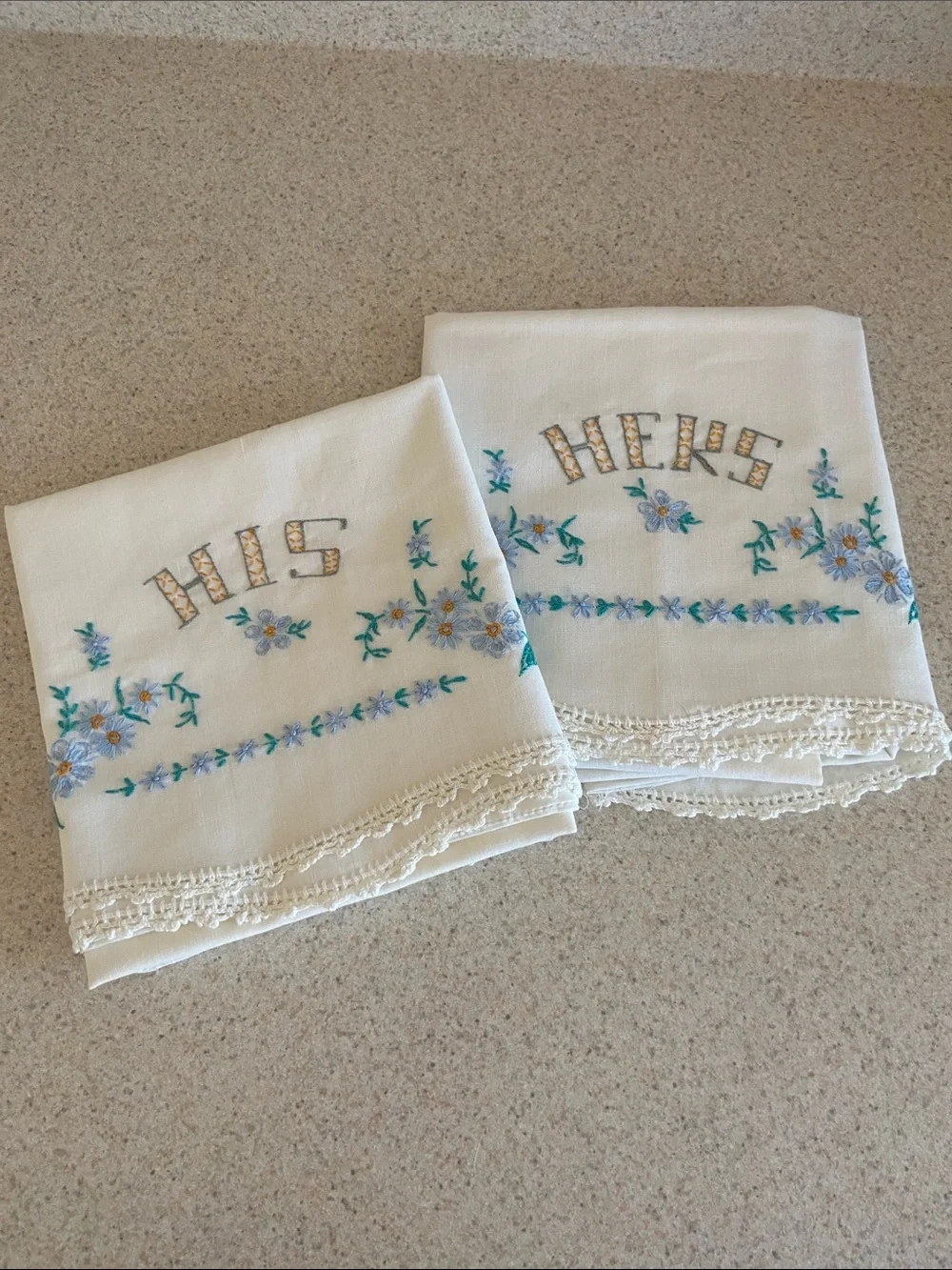 Vintage White Embroidered HIS and HERS Pillow Shams with Blue Floral Accents